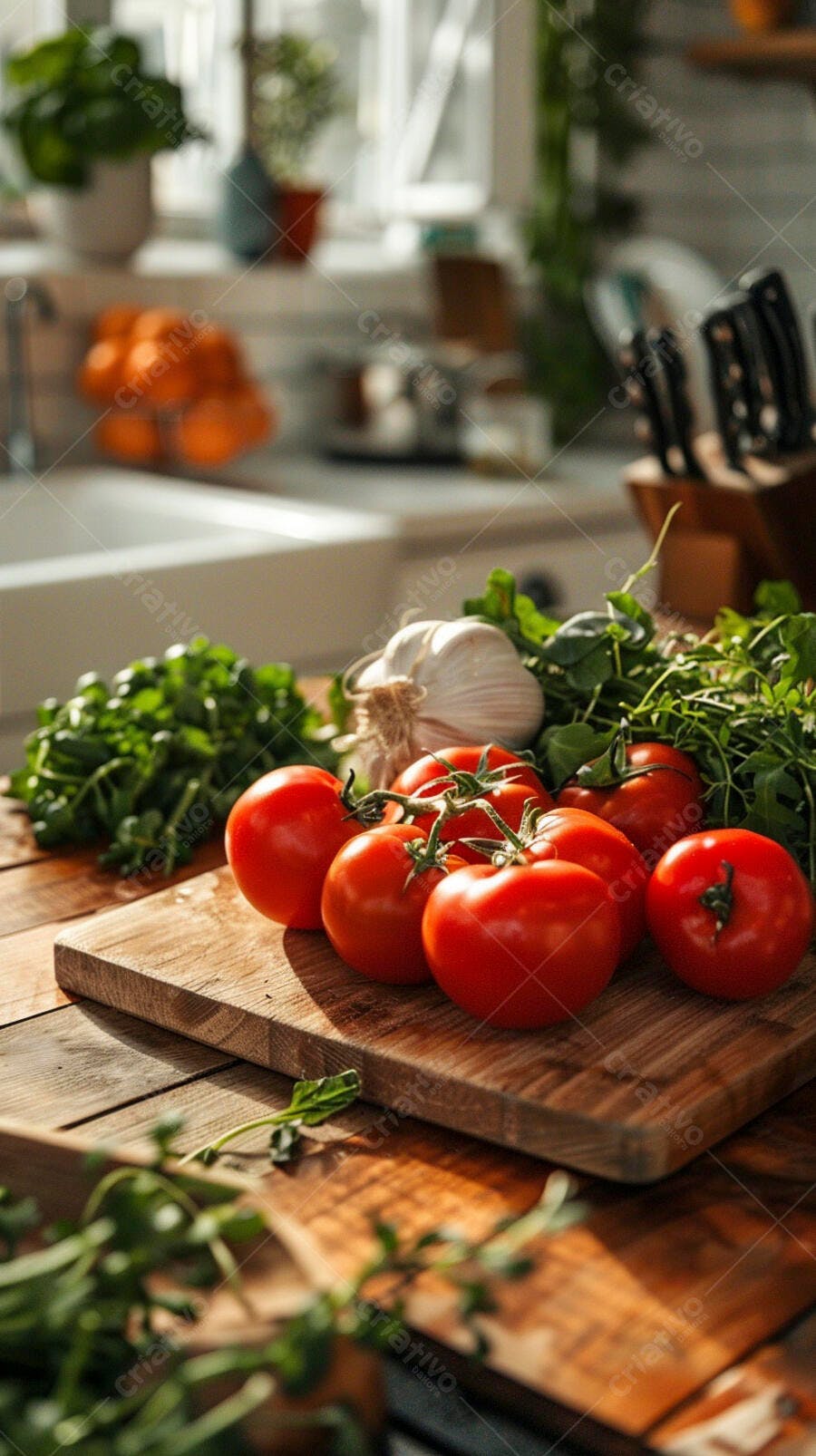 Tomates frescos e ervas numa cozinha aconchegante