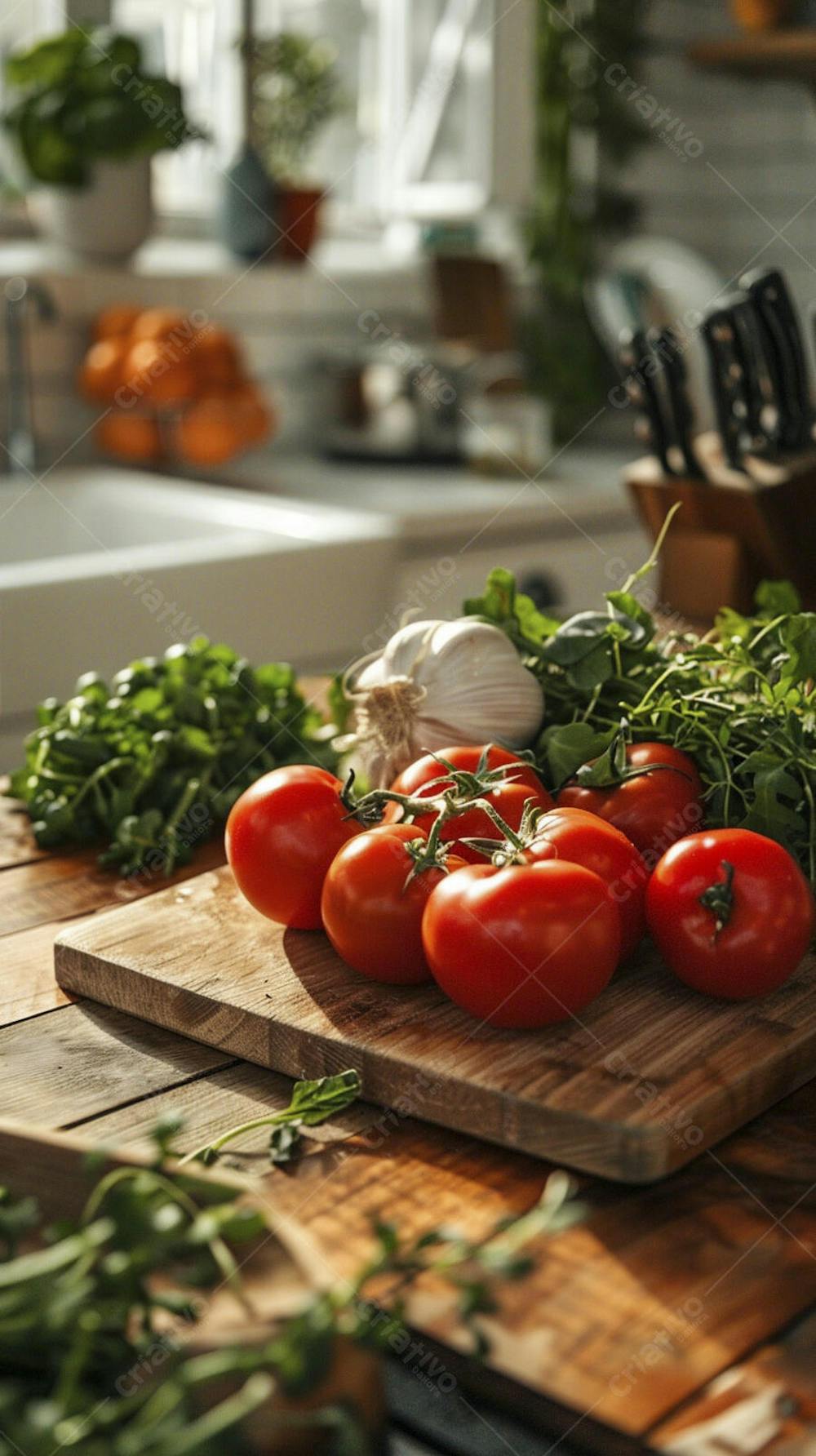 Tomates frescos e ervas sobre mesa rústica em cozinha moderna