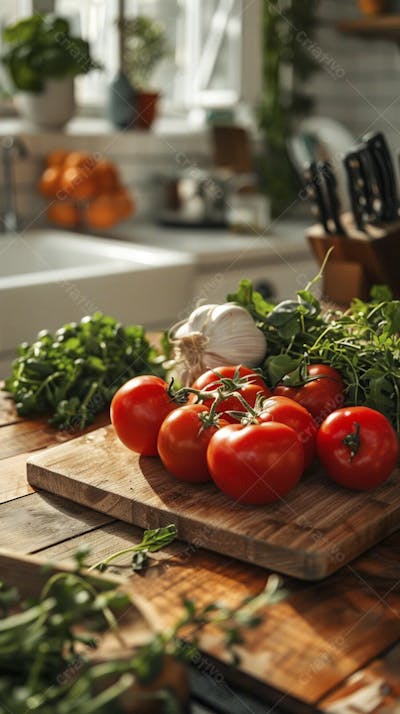 Tomates frescos e ervas sobre mesa rústica em cozinha moderna