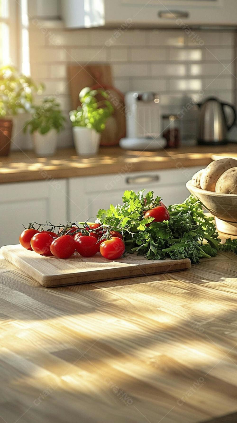 Tomates frescos e ervas sobre mesa rústica em cozinha moderna