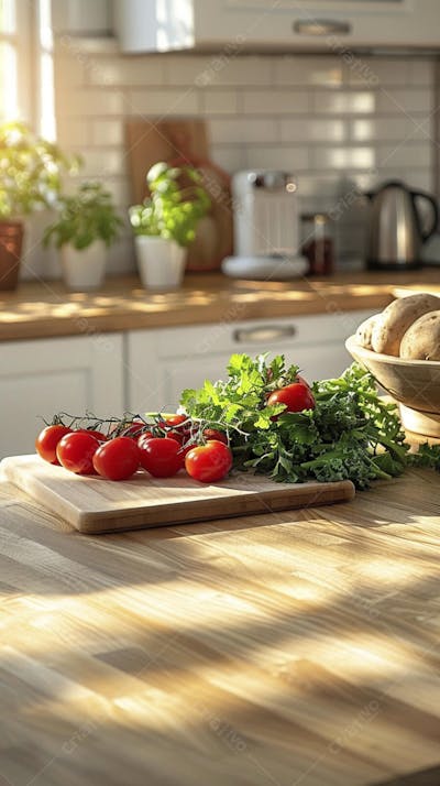 Tomates frescos e ervas sobre mesa rústica em cozinha moderna