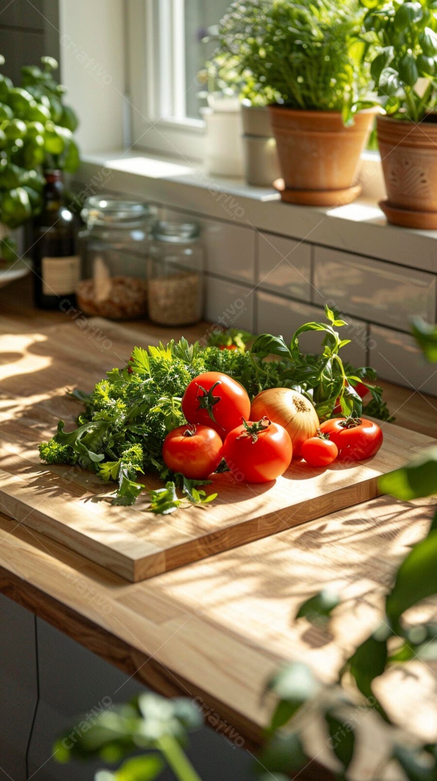 Tomates frescos e ervas na cozinha ensolarada