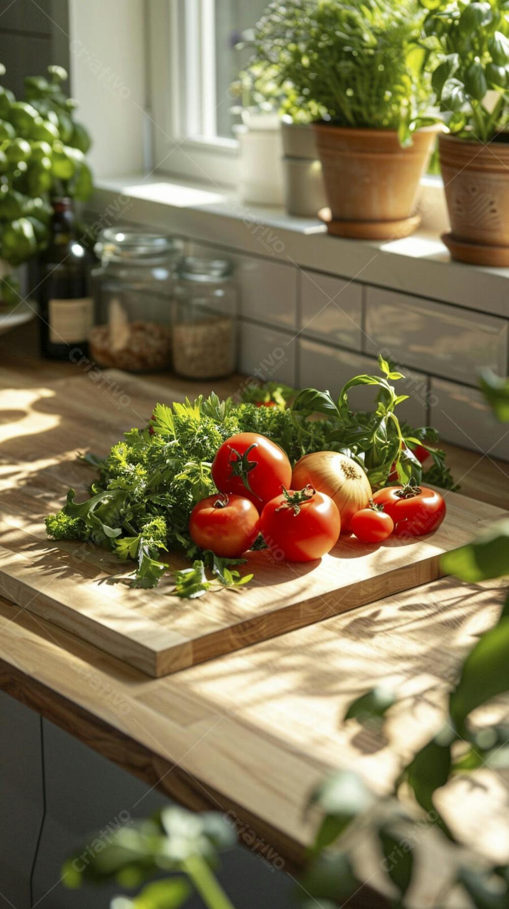 Tomates frescos e ervas sobre mesa rústica em cozinha moderna