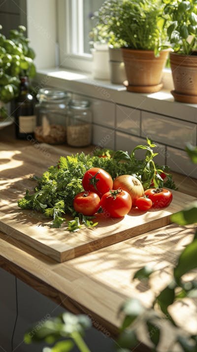 Tomates frescos e ervas sobre mesa rústica em cozinha moderna