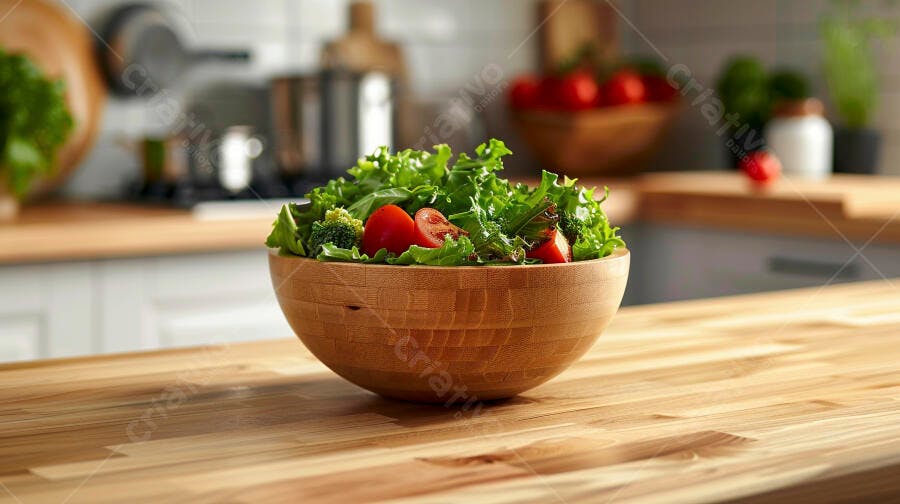 Salada fresca em bowl de madeira na cozinha