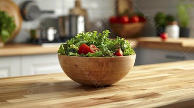 Tomates frescos e ervas sobre mesa rústica em cozinha moderna