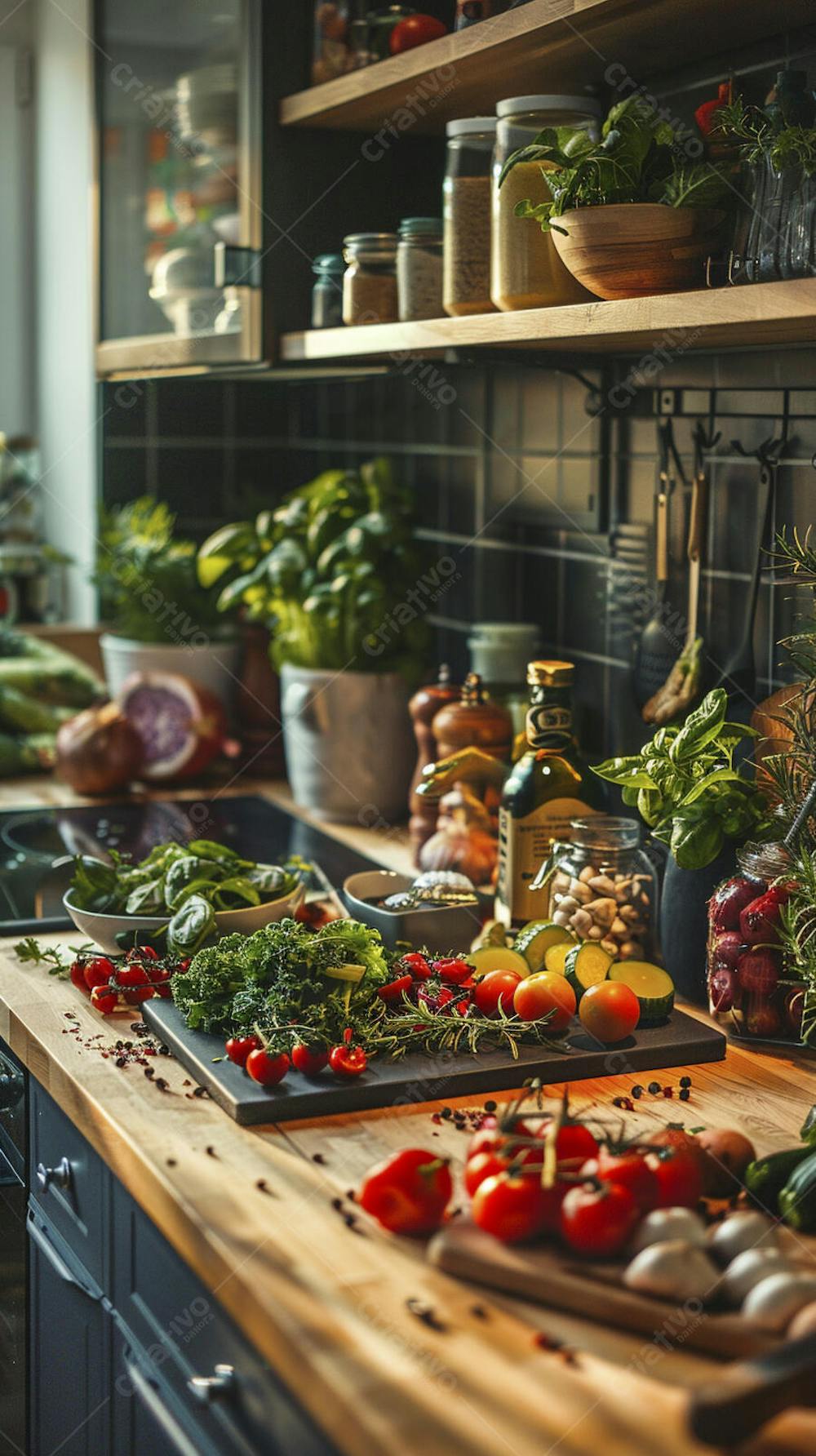 Tomates frescos e ervas sobre mesa rústica em cozinha moderna
