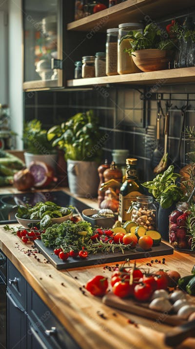 Tomates frescos e ervas sobre mesa rústica em cozinha moderna