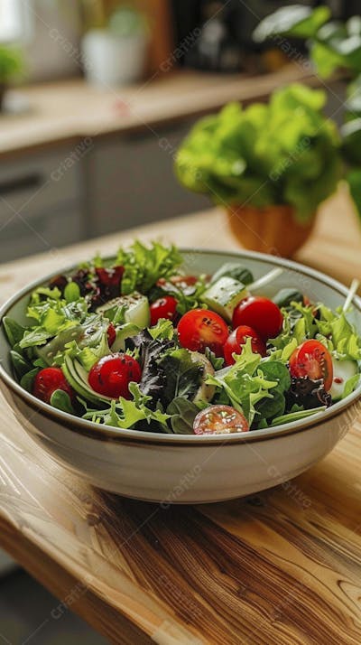 Tomates frescos e ervas sobre mesa rústica em cozinha moderna