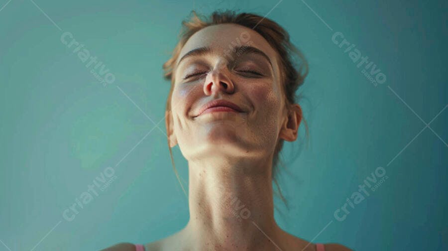 Mulher sorrindo fundo azul claro