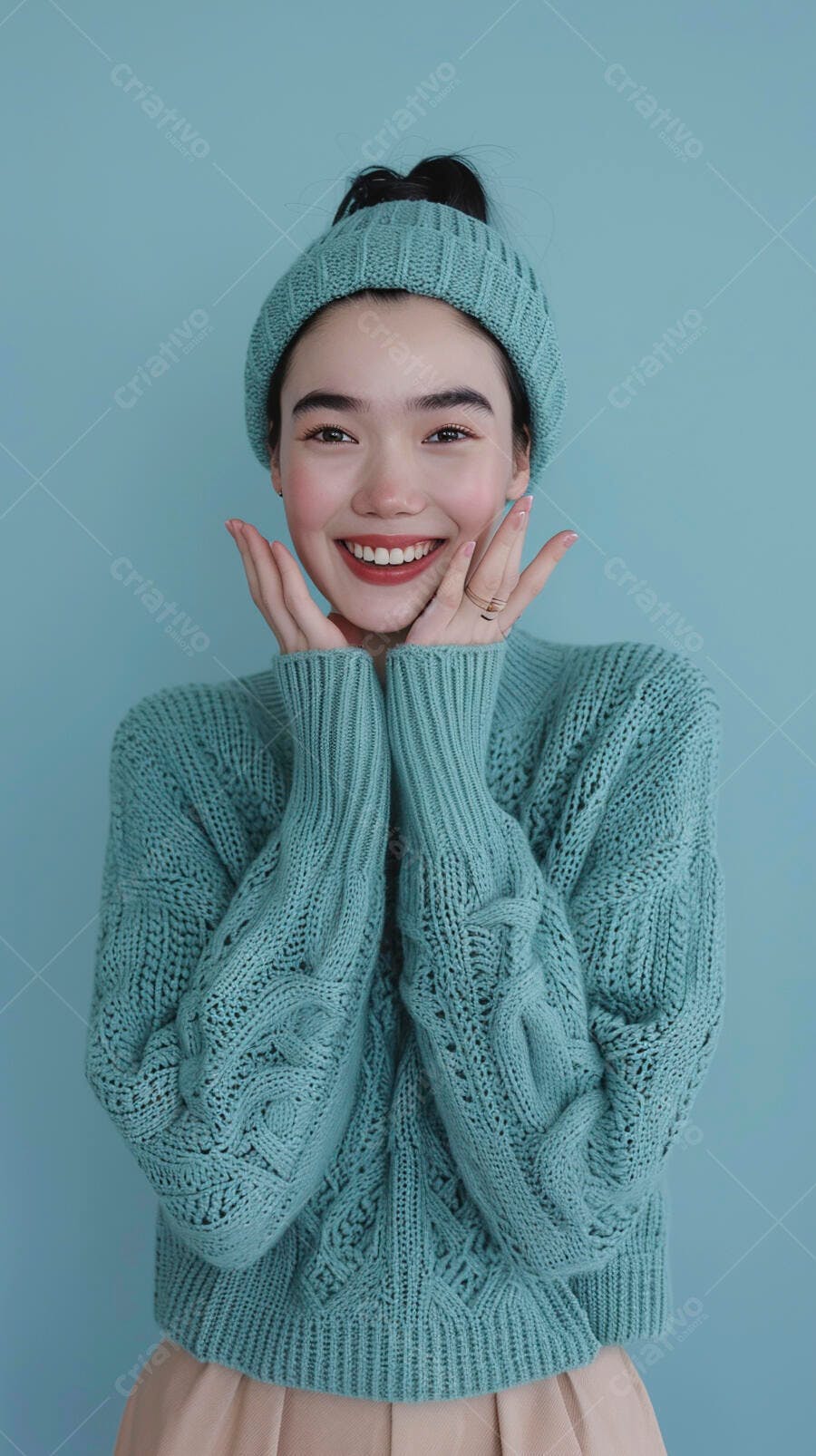 Mulher sorridente suéter verde claro fundo azul