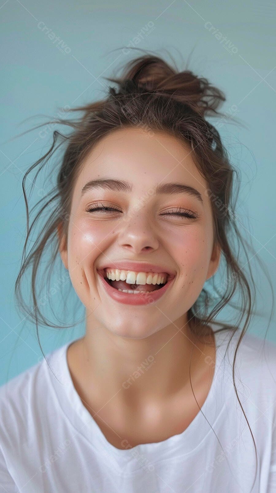 Mulher jovem sorrindo fundo azul