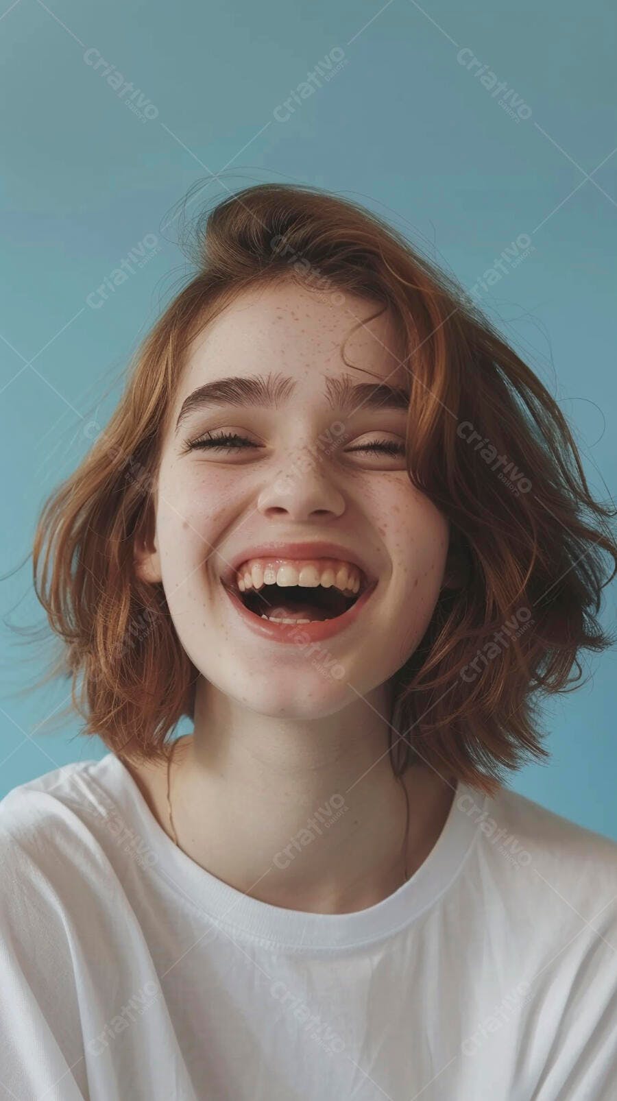 Garota ruiva rindo fundo azul