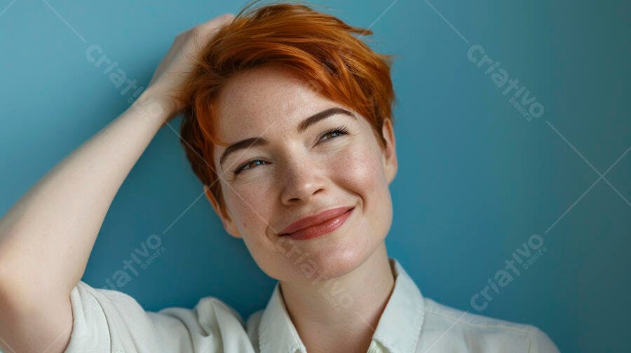 Mulher ruiva sorrindo fundo azul