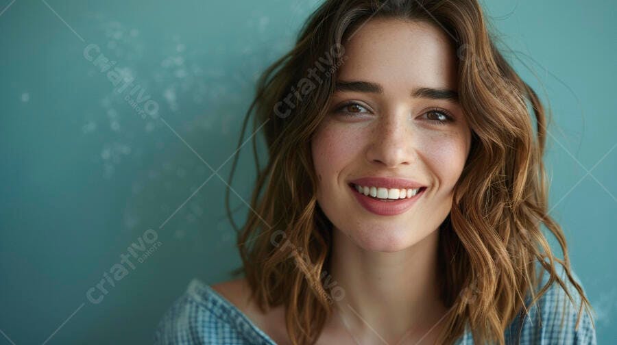 Mulher sorrindo fundo azul claro