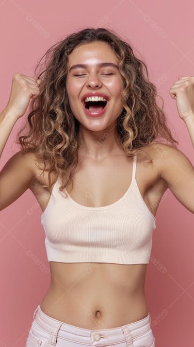 Mulher sorridente expressando felicidade com fundo rosa