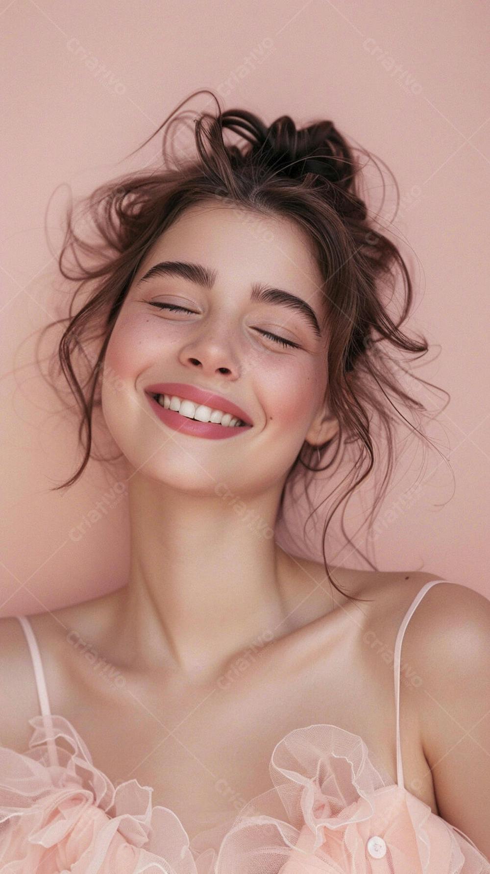 Mulher sorridente expressando felicidade com fundo rosa