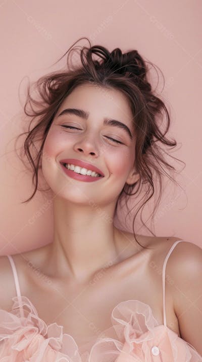 Mulher sorridente expressando felicidade com fundo rosa