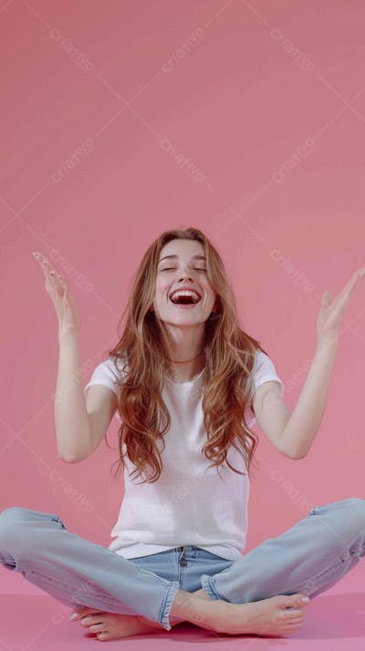 Mulher sorridente expressando felicidade com fundo rosa
