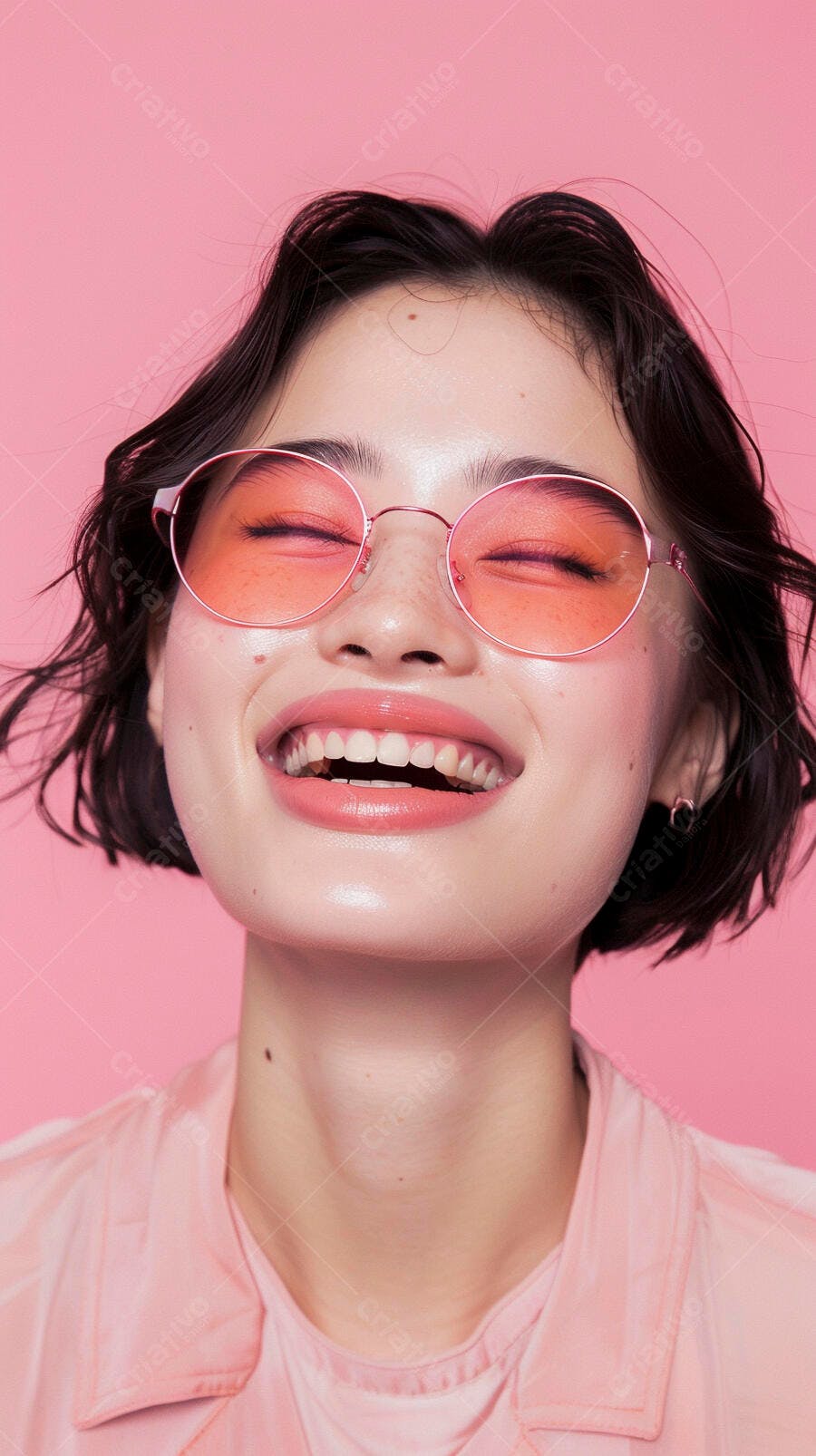 Modelo asiática sorrindo óculos rosa fundo rosa