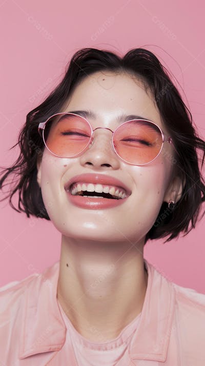 Mulher sorridente expressando felicidade com fundo rosa