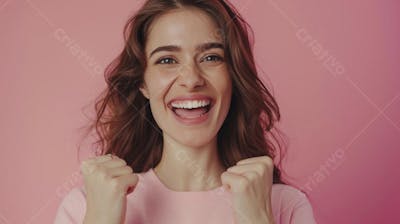 Mulher sorridente expressando felicidade com fundo rosa
