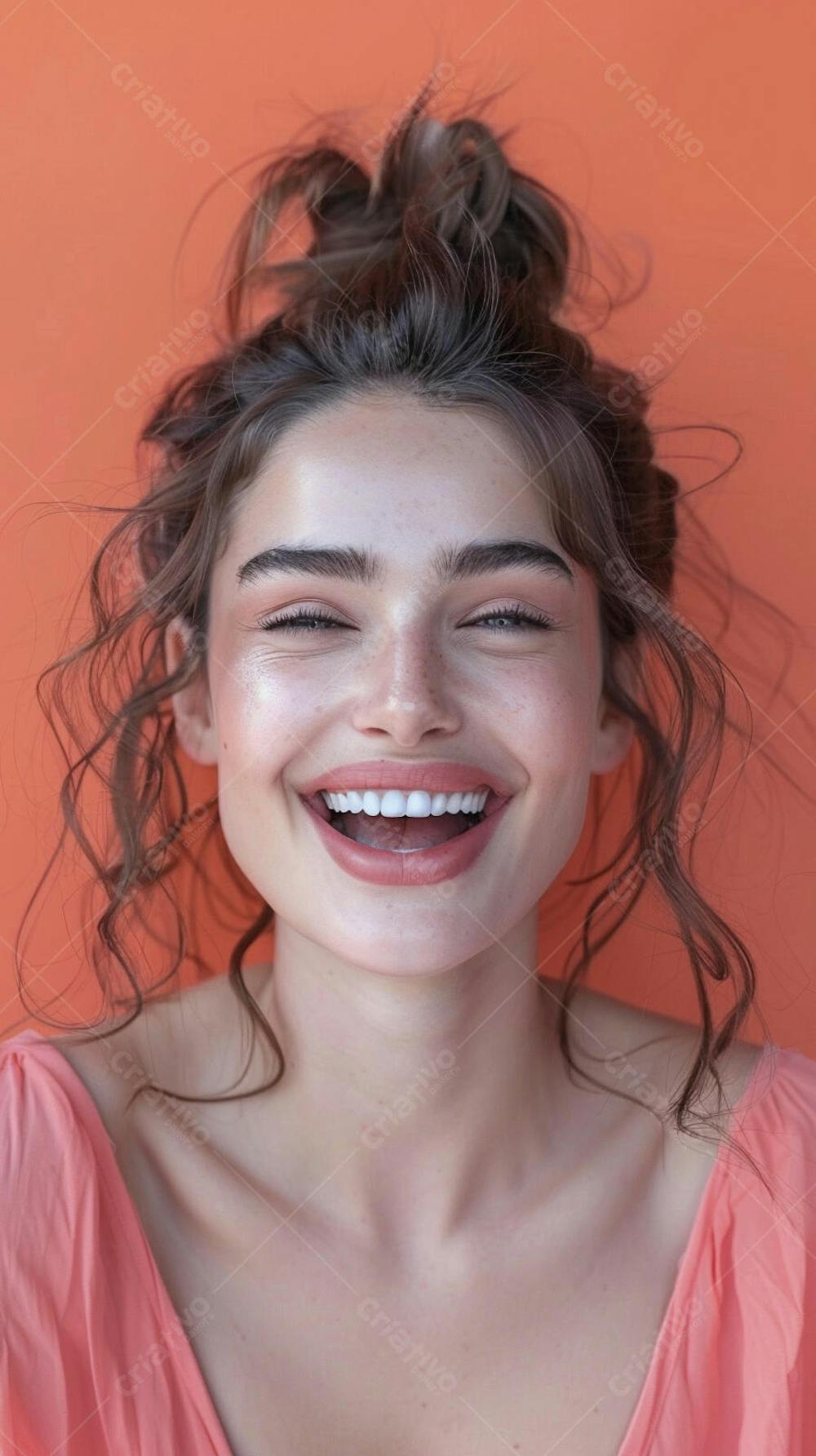 Mulher sorridente expressando felicidade com fundo rosa
