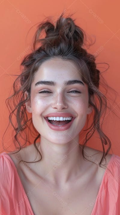 Mulher sorridente expressando felicidade com fundo rosa