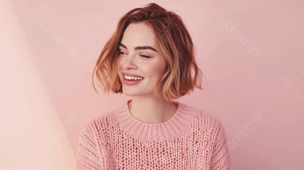 Mulher sorridente expressando felicidade com fundo rosa