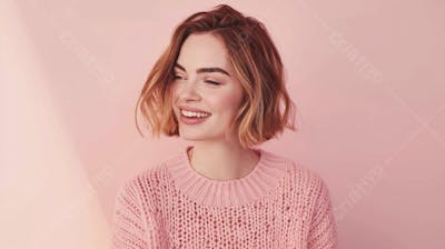 Mulher sorridente expressando felicidade com fundo rosa