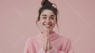 Mulher sorridente expressando felicidade com fundo rosa