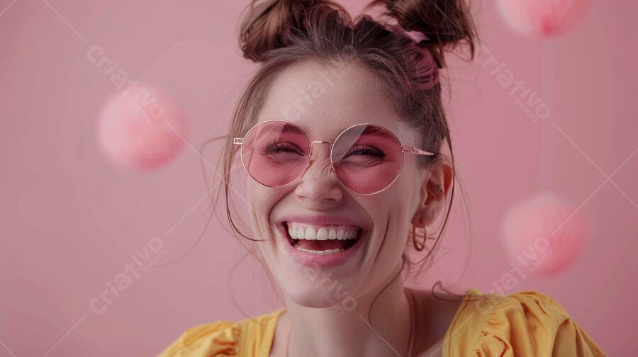 Mulher rindo óculos rosa fundo rosa