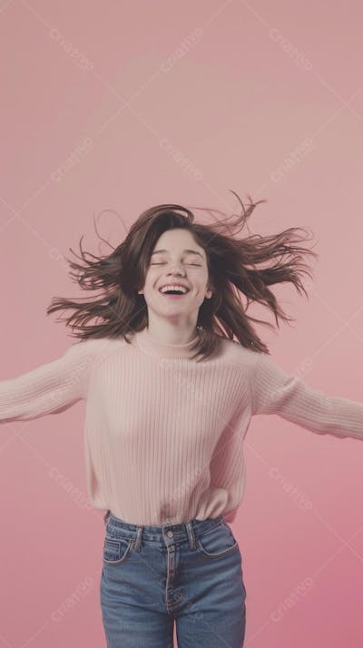 Mulher sorridente expressando felicidade com fundo rosa