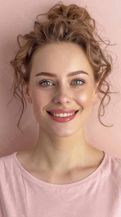 Mulher sorridente expressando felicidade com fundo rosa