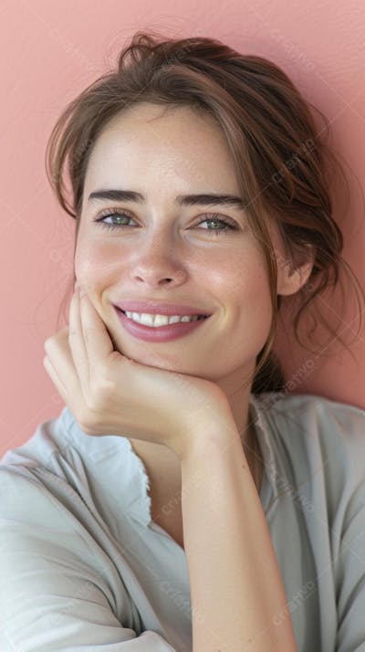 Mulher sorridente expressando felicidade com fundo rosa