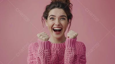 Mulher sorridente expressando felicidade com fundo rosa