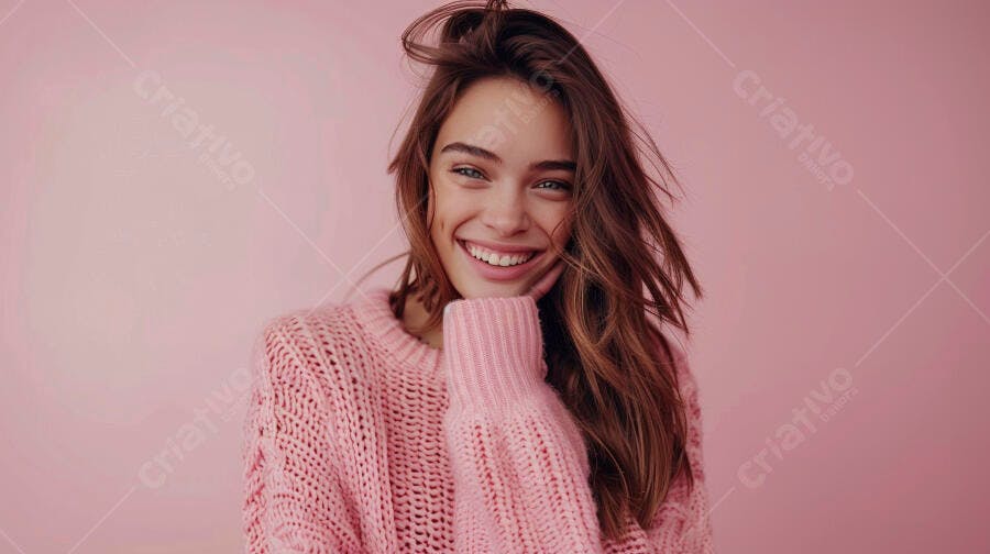Modelo sorrindo com suéter rosa