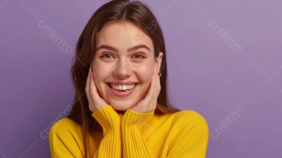 Mulher feliz em suéter amarelo fundo roxo