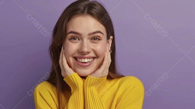 Mulher sorridente expressando alegria com fundo lilás