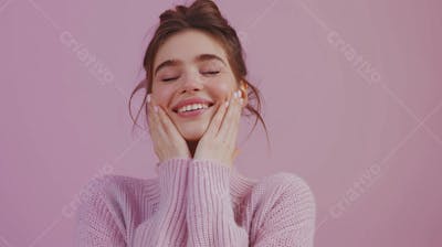 Mulher sorridente expressando alegria com fundo lilás