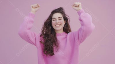 Mulher sorridente expressando alegria com fundo lilás