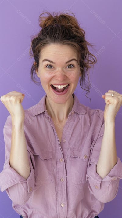 Mulher sorridente expressando alegria com fundo lilás