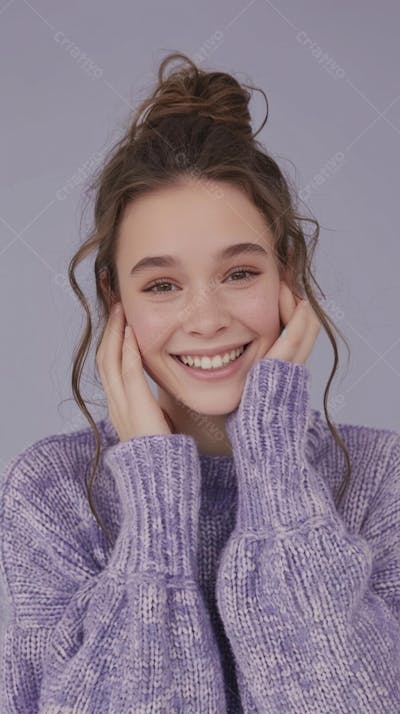 Mulher sorridente expressando alegria com fundo lilás