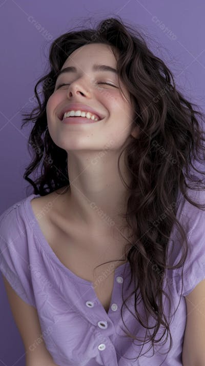 Mulher sorridente expressando alegria com fundo lilás