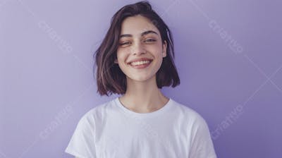 Mulher sorridente expressando alegria com fundo lilás