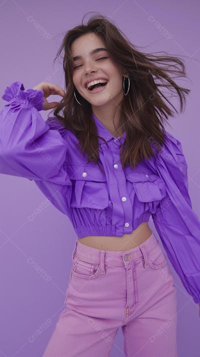 Mulher sorridente expressando alegria com fundo lilás