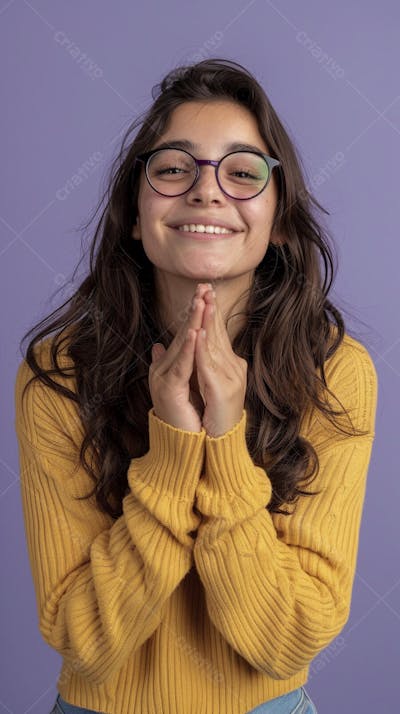 Mulher sorridente expressando alegria com fundo lilás