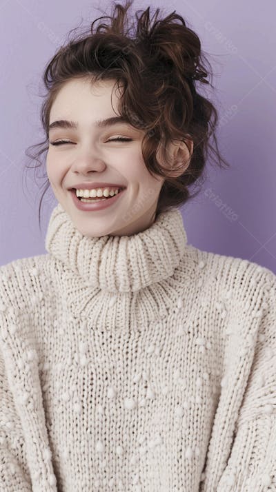 Mulher sorridente expressando alegria com fundo lilás