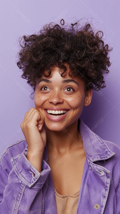Mulher sorridente expressando alegria com fundo lilás
