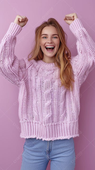 Mulher sorridente expressando alegria com fundo lilás